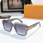 Designer sunglasses, dark gray square frames with cool blue lenses and gold striped temple detailing.