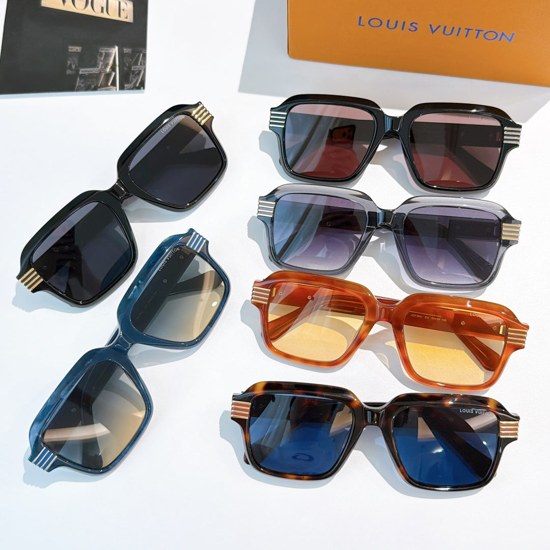Designer sunglasses assortment with square frames in multiple colors, featuring gold striped temples.