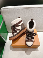 Louis Vuitton high-top sneakers pair view, brown monogram, white fleece lining, lace-up