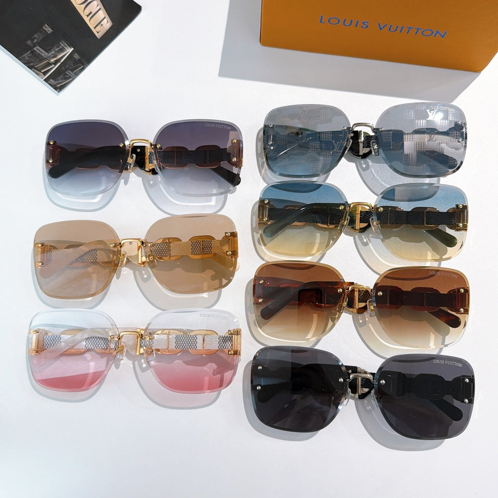 Set of four sunglasses with mixed lens colors, gold frames, and patterned temples