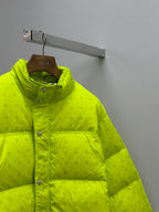 Neon green puffer jacket with button-front and wide horizontal quilted panels