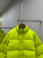 Neon green puffer jacket with button placket and textured stand collar