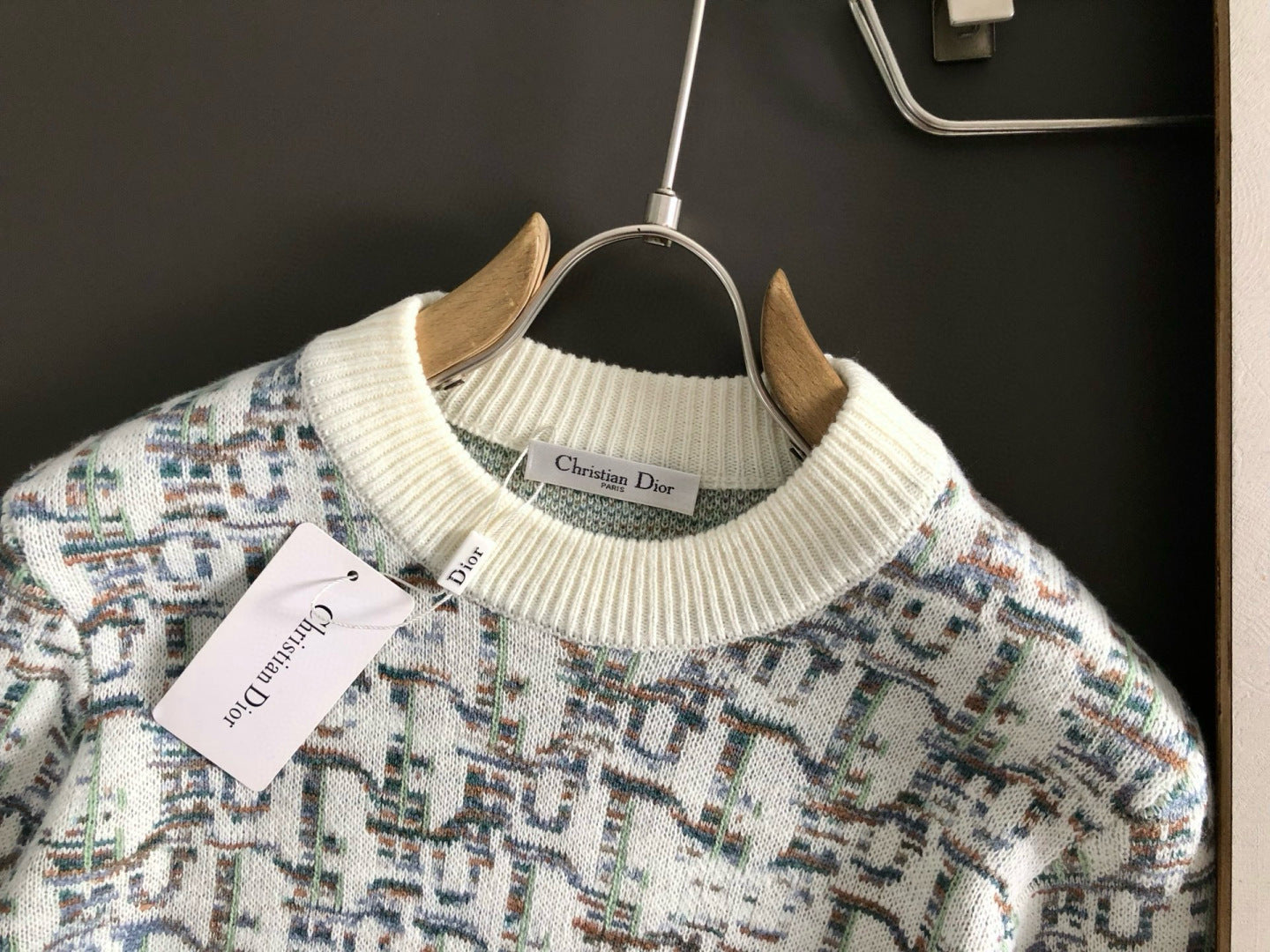 Dior knit sweater crew neckline, ribbed collar and cream cuffs, multicolor pattern