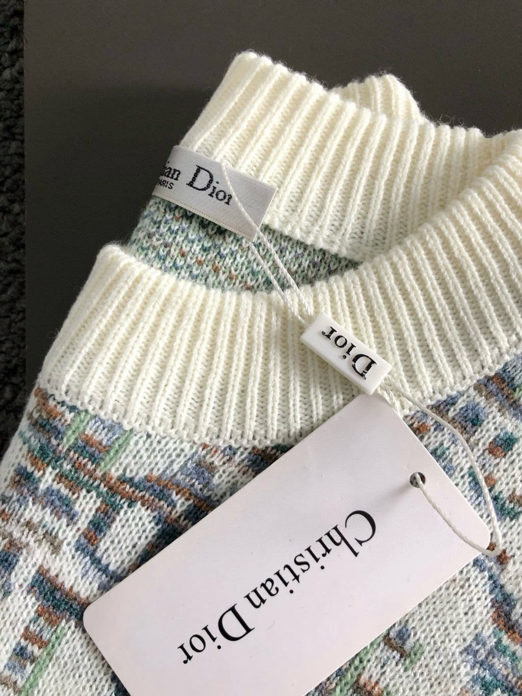 Dior knit sweater neck tag and ribbed cream collar, multicolor knit stripe