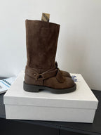 Burberry dark brown suede knee-high boots, front view with double buckle strap