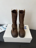 Burberry dark brown suede knee-high boots with buckle strap and cushioned sole