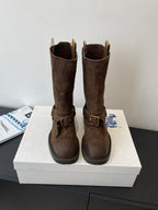 Burberry dark brown suede knee-high boots with buckle strap and cushioned sole