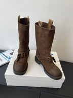 Burberry dark brown suede knee-high boots, side view with buckle strap and tread sole