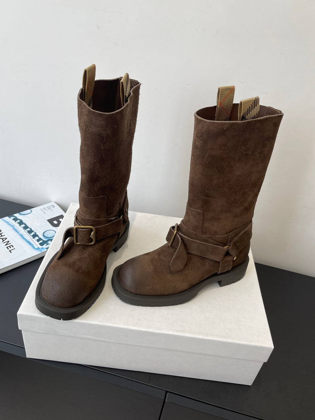 Burberry dark brown suede knee-high boots, pair view with buckle strap