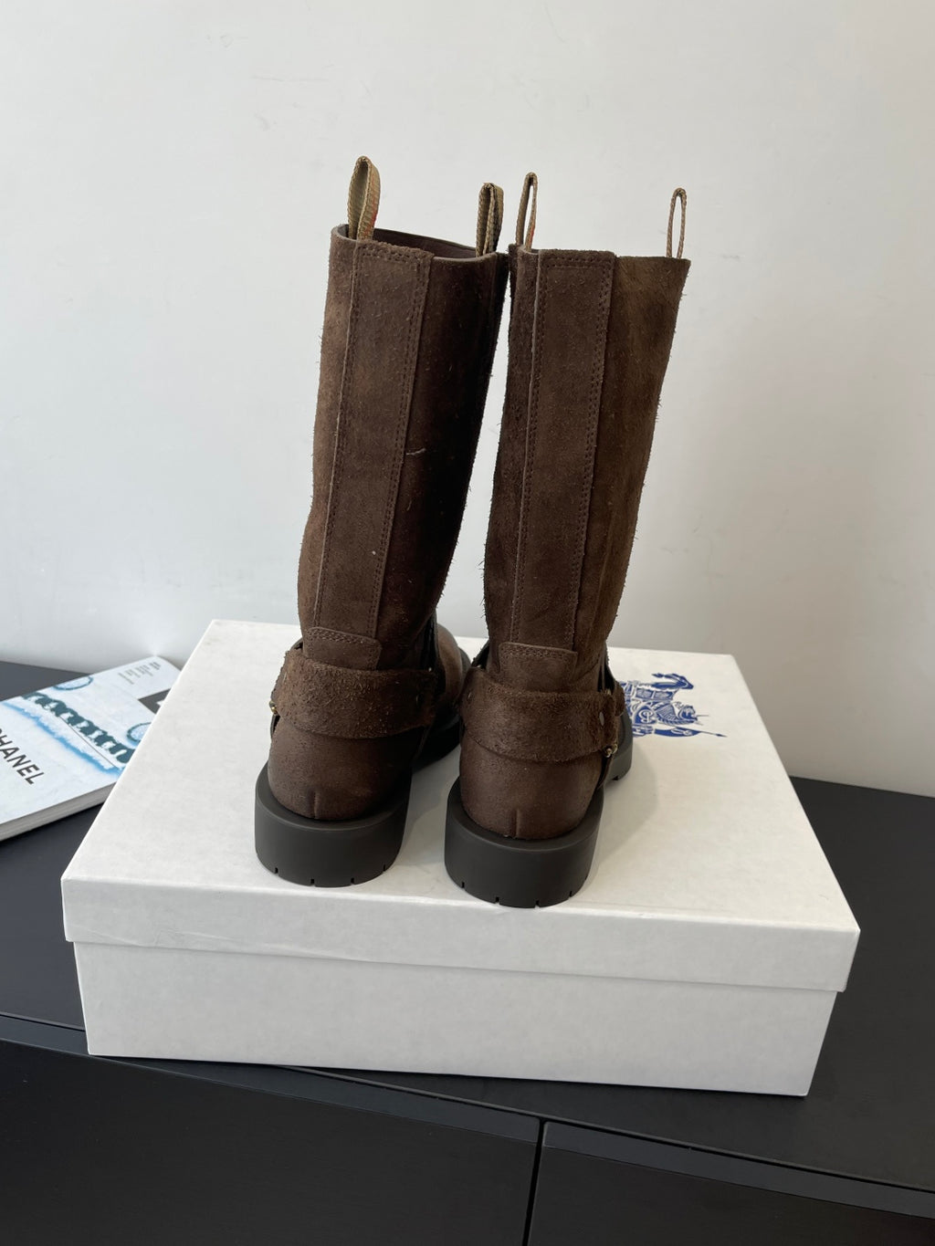 Burberry dark brown suede knee-high boots, back view with top pull tabs