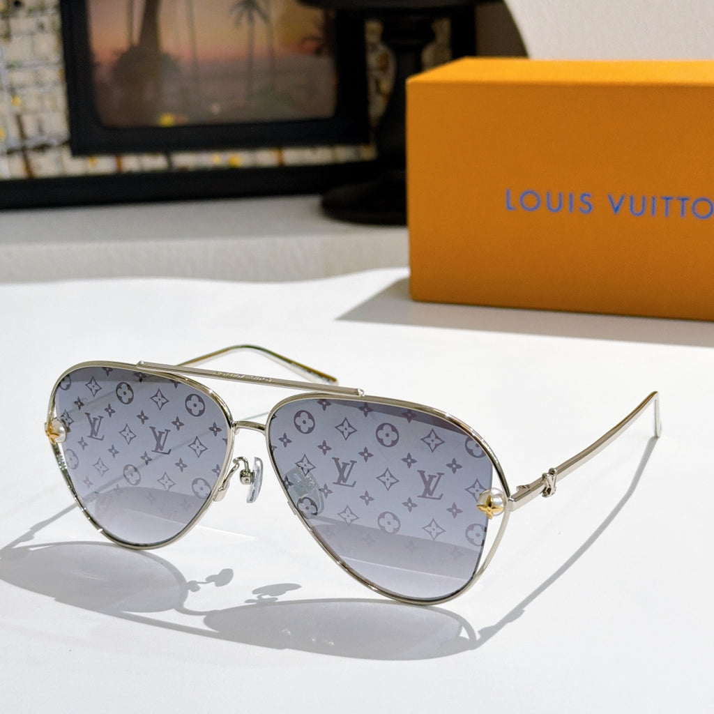 Louis Vuitton aviator sunglasses, metallic frame, gray-tinted lenses