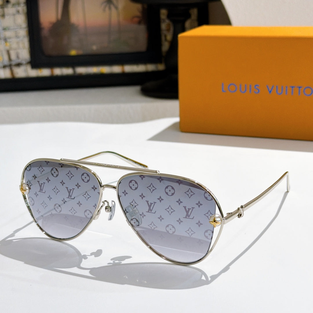 Louis Vuitton aviator sunglasses, metallic frame, gray-tinted lenses