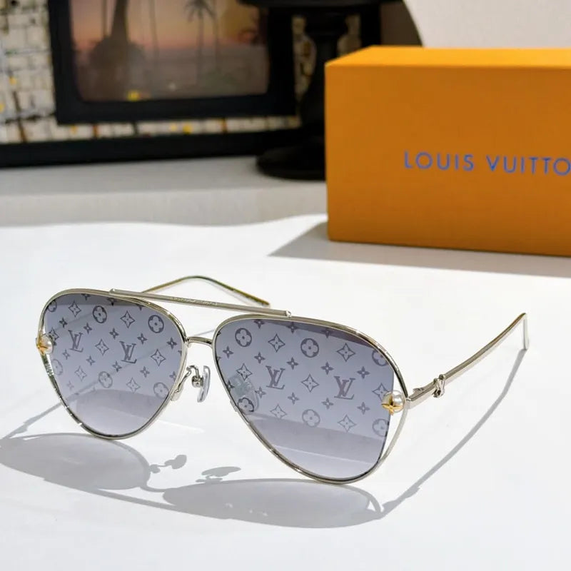 Louis Vuitton aviator sunglasses, gold-tone frame with blue lenses and LV monogram temples