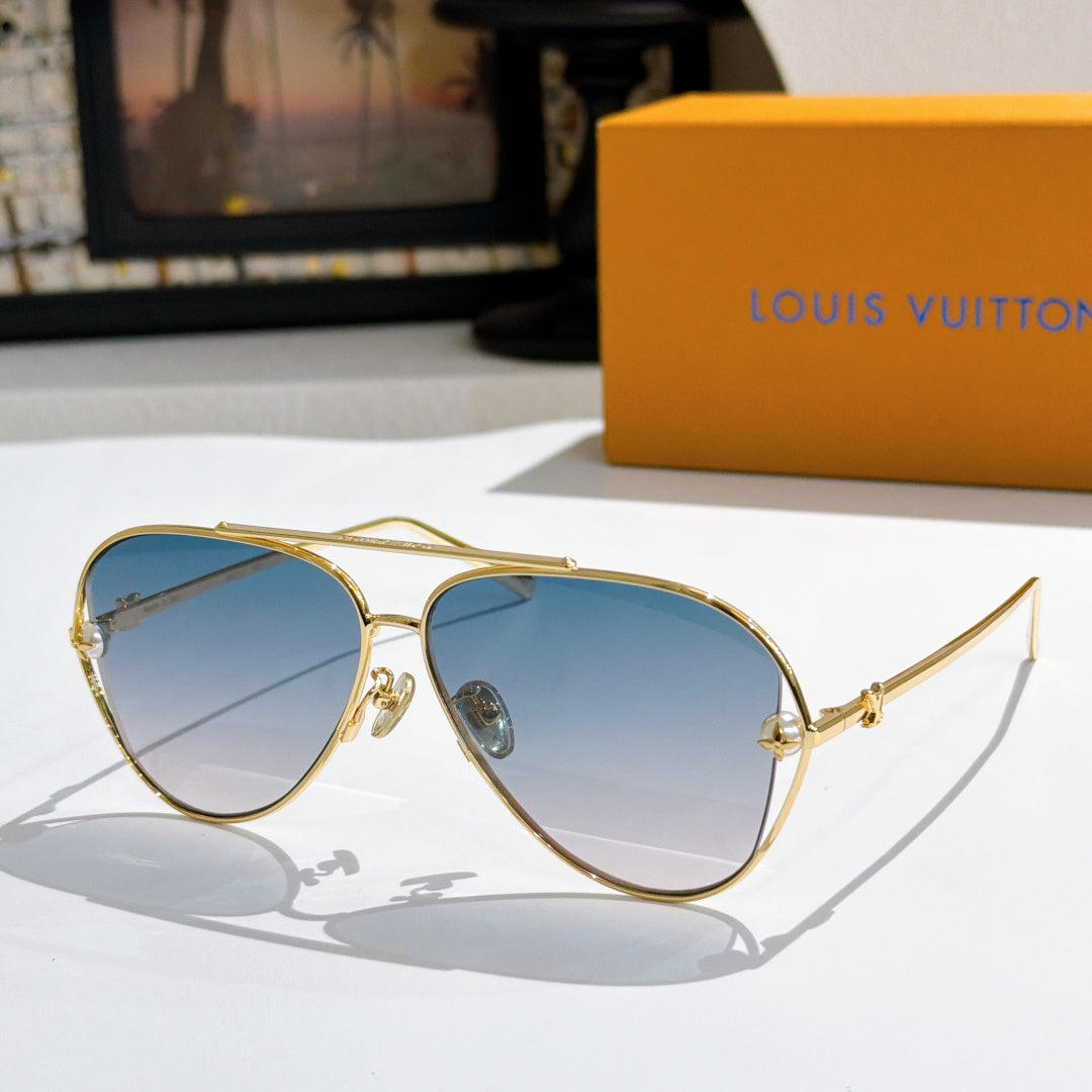 Louis Vuitton aviator sunglasses, gold frame, blue-tinted lenses