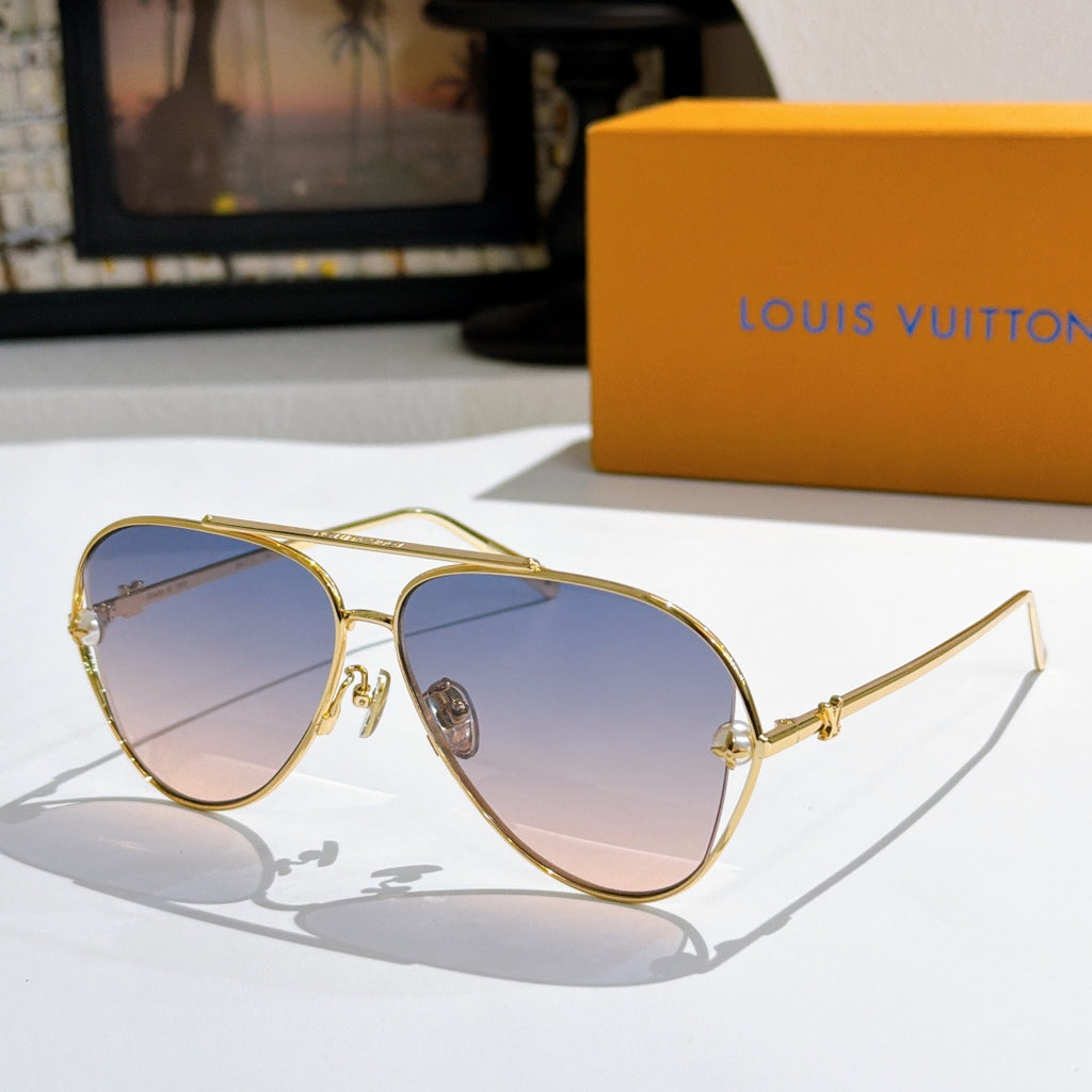 Louis Vuitton aviator sunglasses, gold frame, blue-tinted lenses