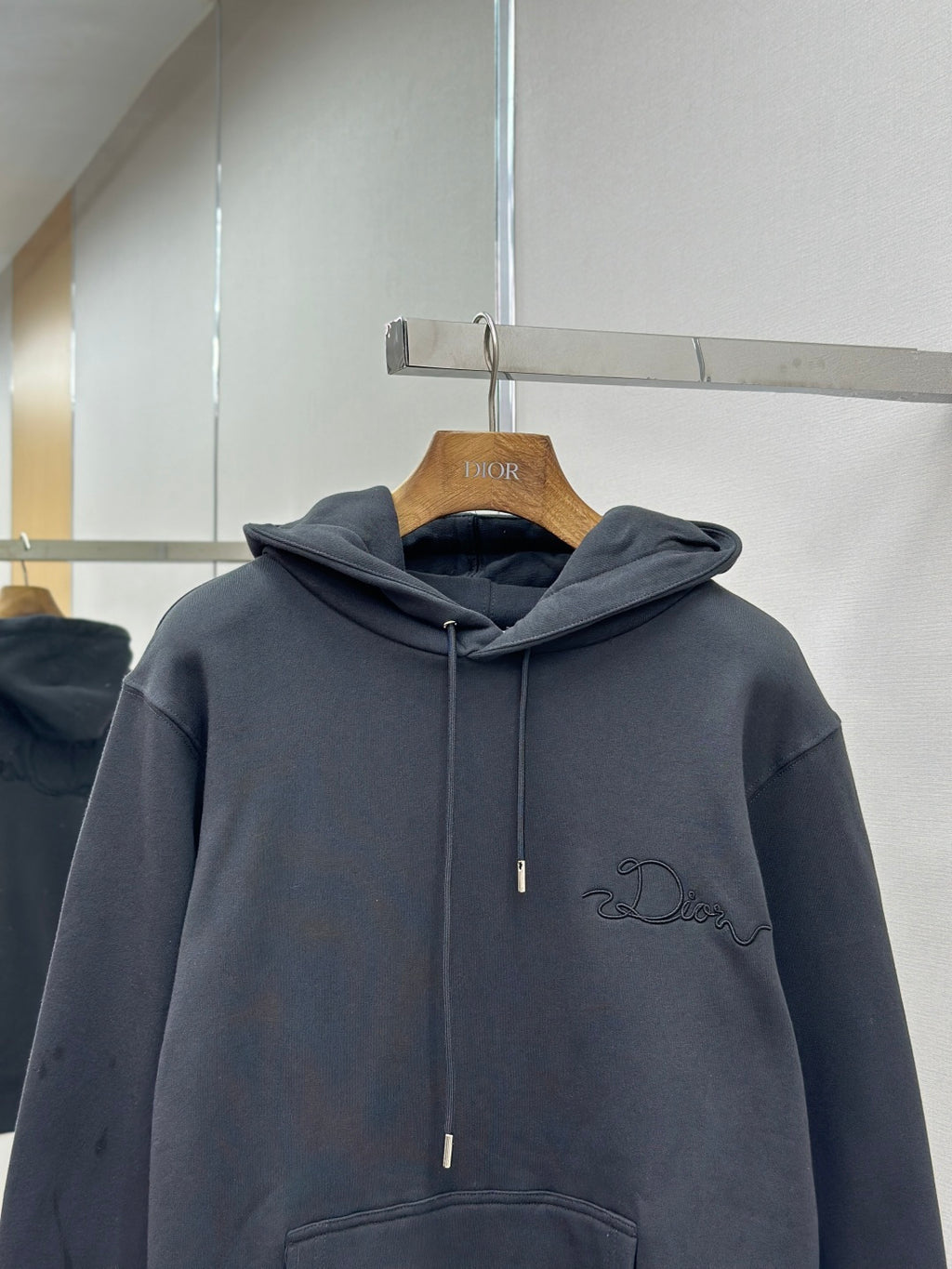 Long-sleeve hoodie with hood, dark blue, front zipper-style placket and embroidered logo