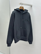 Long-sleeve pullover hoodie on hanger, dark blue, hood with drawstring and pocket