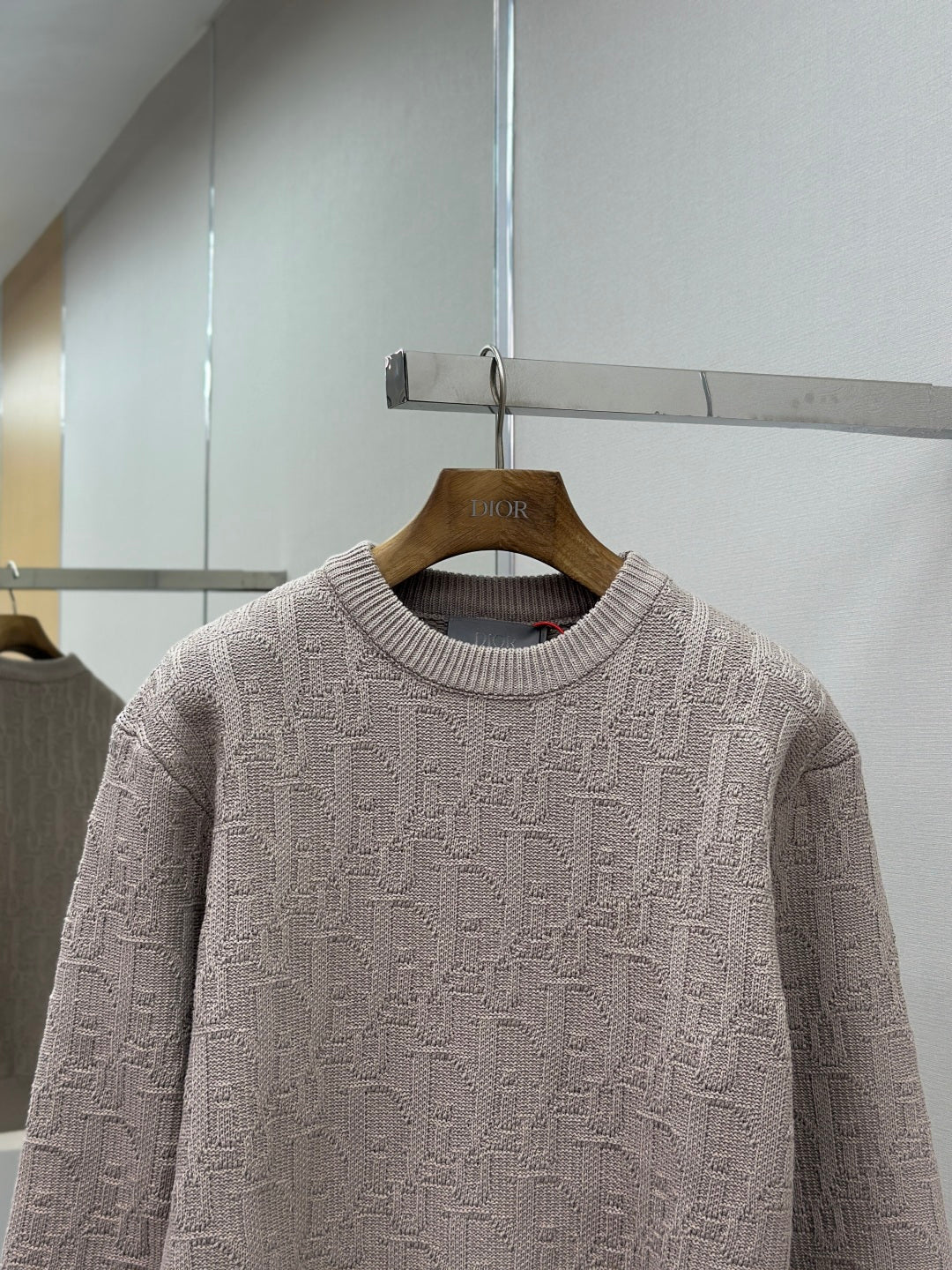 Dior mauve logo knit sweater close-up, ribbed crewneck and knit texture