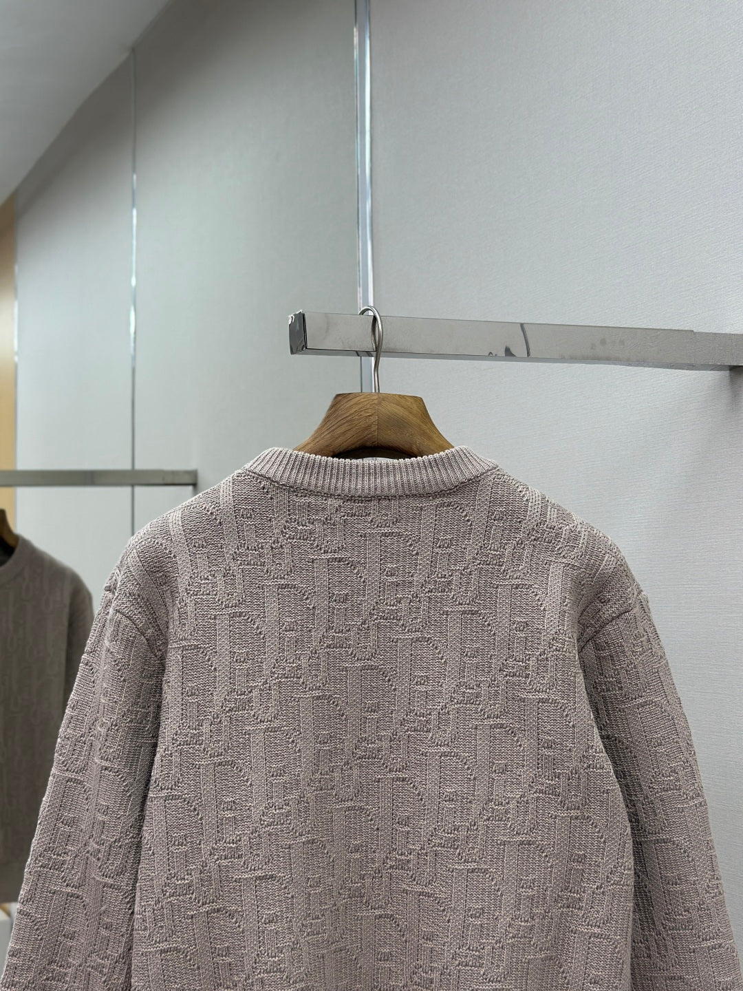 Dior mauve logo knit sweater, back view with crewneck and allover pattern