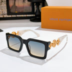 Louis Vuitton square sunglasses, black frame with gold logo detail and blue gradient lenses