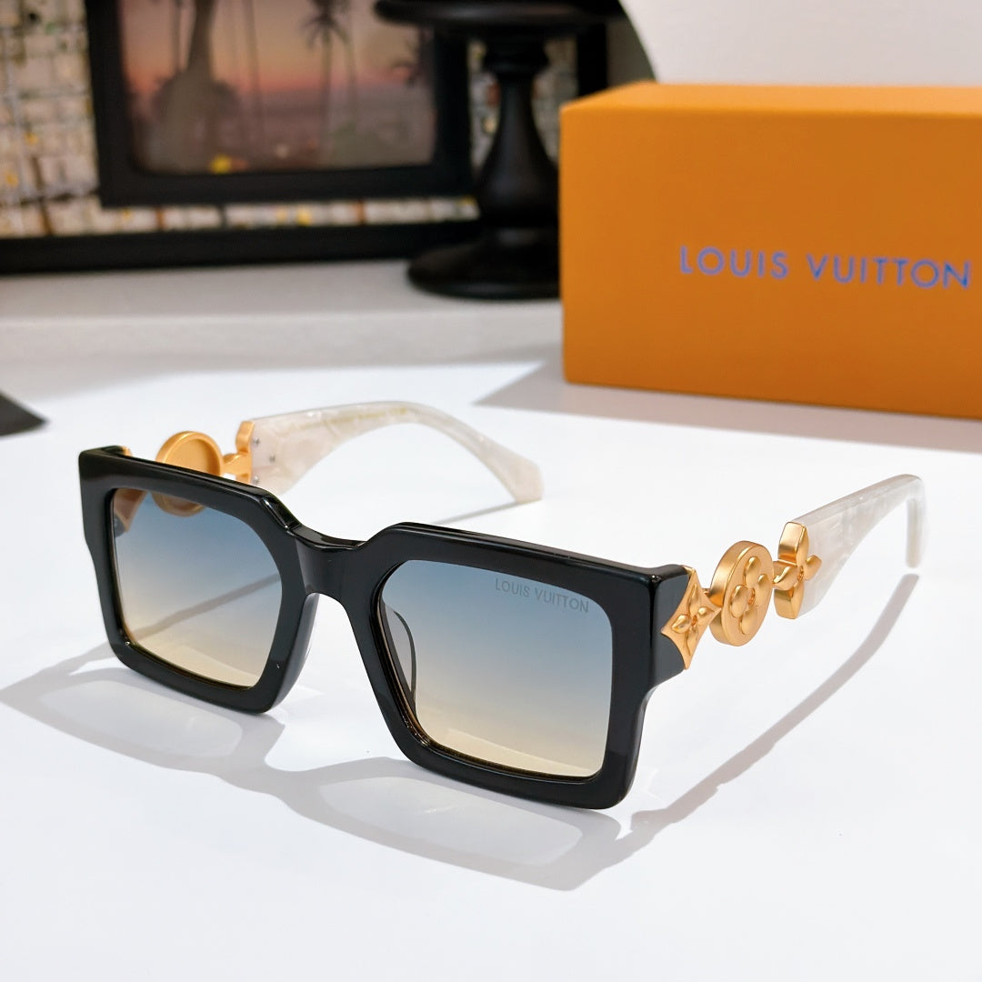 Louis Vuitton square sunglasses, black frame with gold logo detail and blue gradient lenses