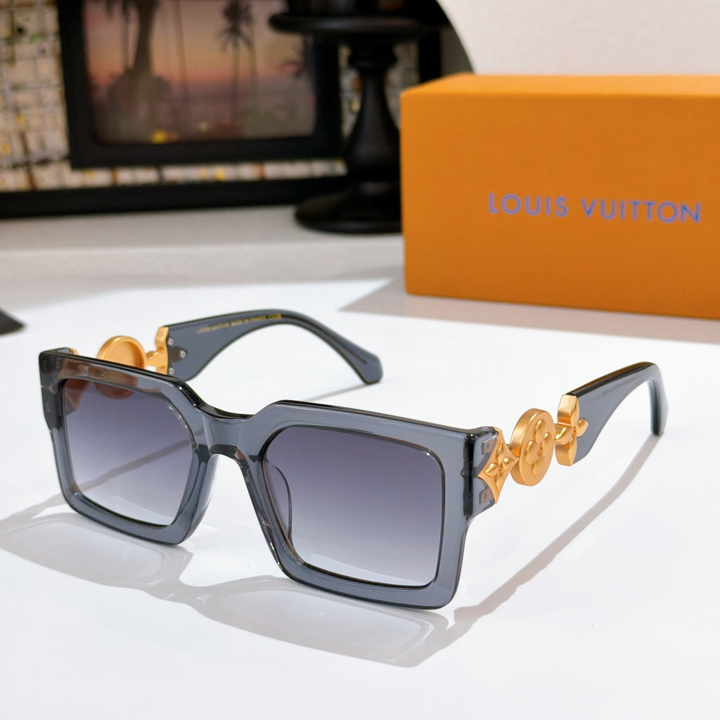 Louis Vuitton square sunglasses, dark frame with gold logo detail and blue-tinted lenses