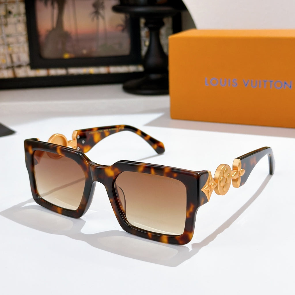 Louis Vuitton square sunglasses, tortoiseshell frame with gold logo detail and amber-tinted lenses