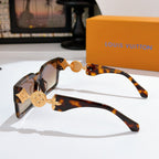 Louis Vuitton square sunglasses, tortoiseshell frame with gold logo detail, side profile