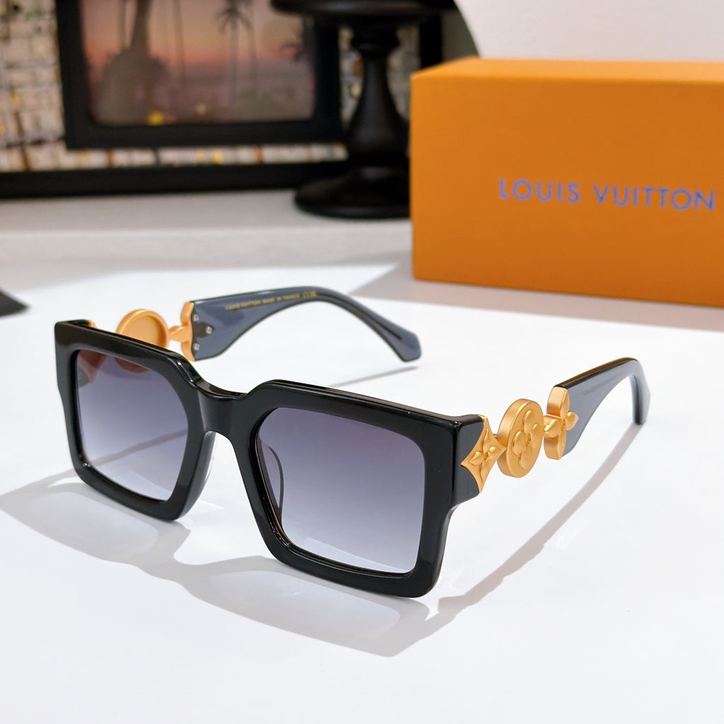 Louis Vuitton square sunglasses, dark frame with gold logo detail and dark blue-tinted lenses