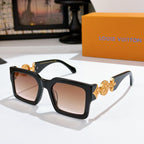 Louis Vuitton square sunglasses, dark frame with gold logo detail and brown-tinted lenses