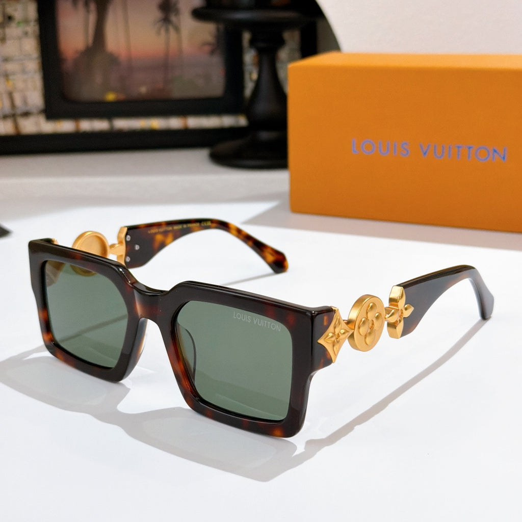 Louis Vuitton square sunglasses, tortoiseshell frame with gold logo detail and green-tinted lenses