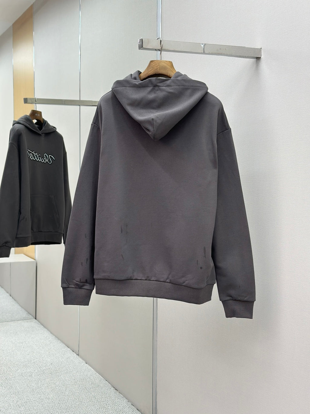 Dark gray long-sleeve hoodie with hood and front pockets, Louis Vuitton logo