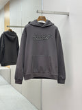Long-sleeve hoodie with hood, front pocket, and Louis Vuitton logo, dark gray