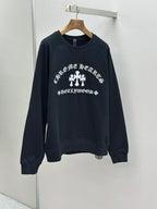 Navy crewneck sweatshirt with front white cross and slogan print