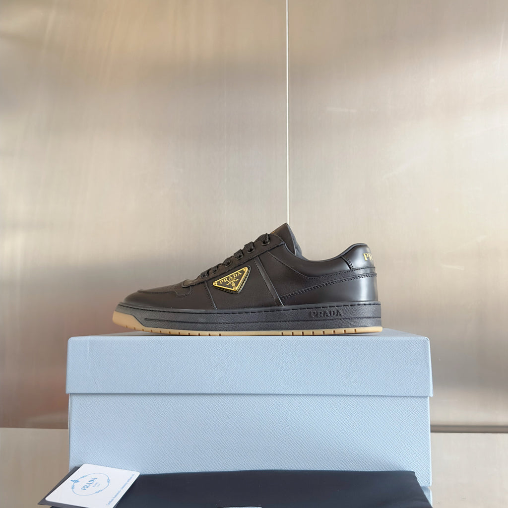 Prada unisex sneakers, dark brown leather, lace-up with yellow-trim triangular logo
