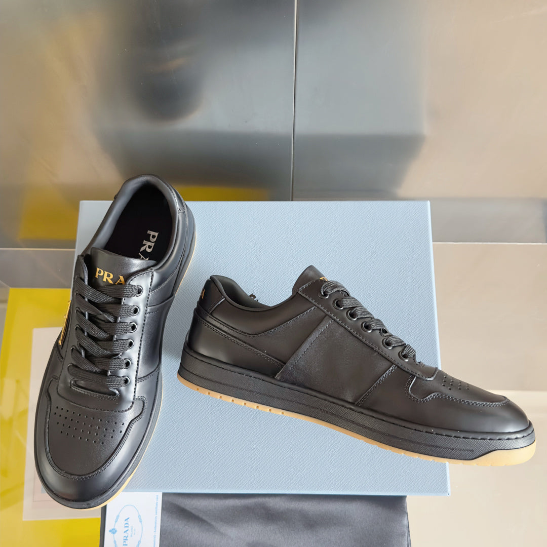 Prada unisex sneakers, dark gray leather, lace-up with perforated detailing and gum sole