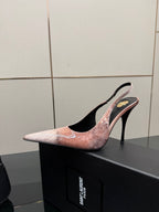 YSL women's pointed-toe stiletto heel, light pink speckled upper with black interior