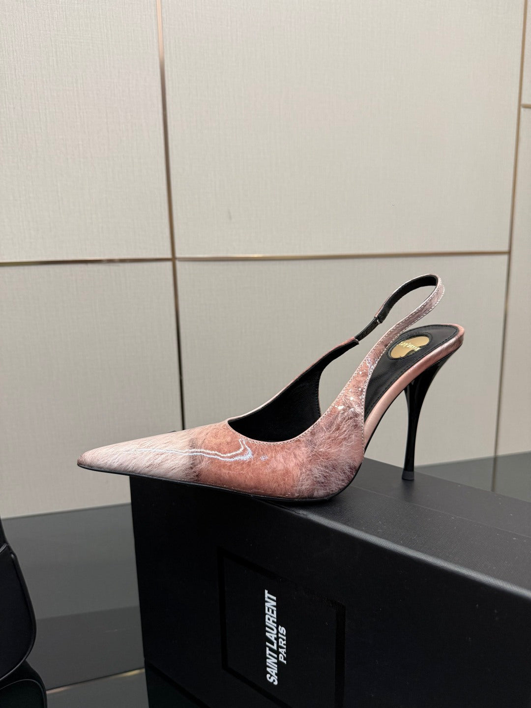 YSL women's pointed-toe stiletto heel, light pink speckled upper with black interior