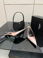 YSL women's pointed-toe stiletto heels, light pink speckled leather and black heel