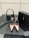 YSL women's pointed-toe stiletto heels, light pink speckled leather, black trim