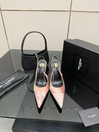 YSL women's pointed-toe stiletto heels, light pink speckled leather, black trim