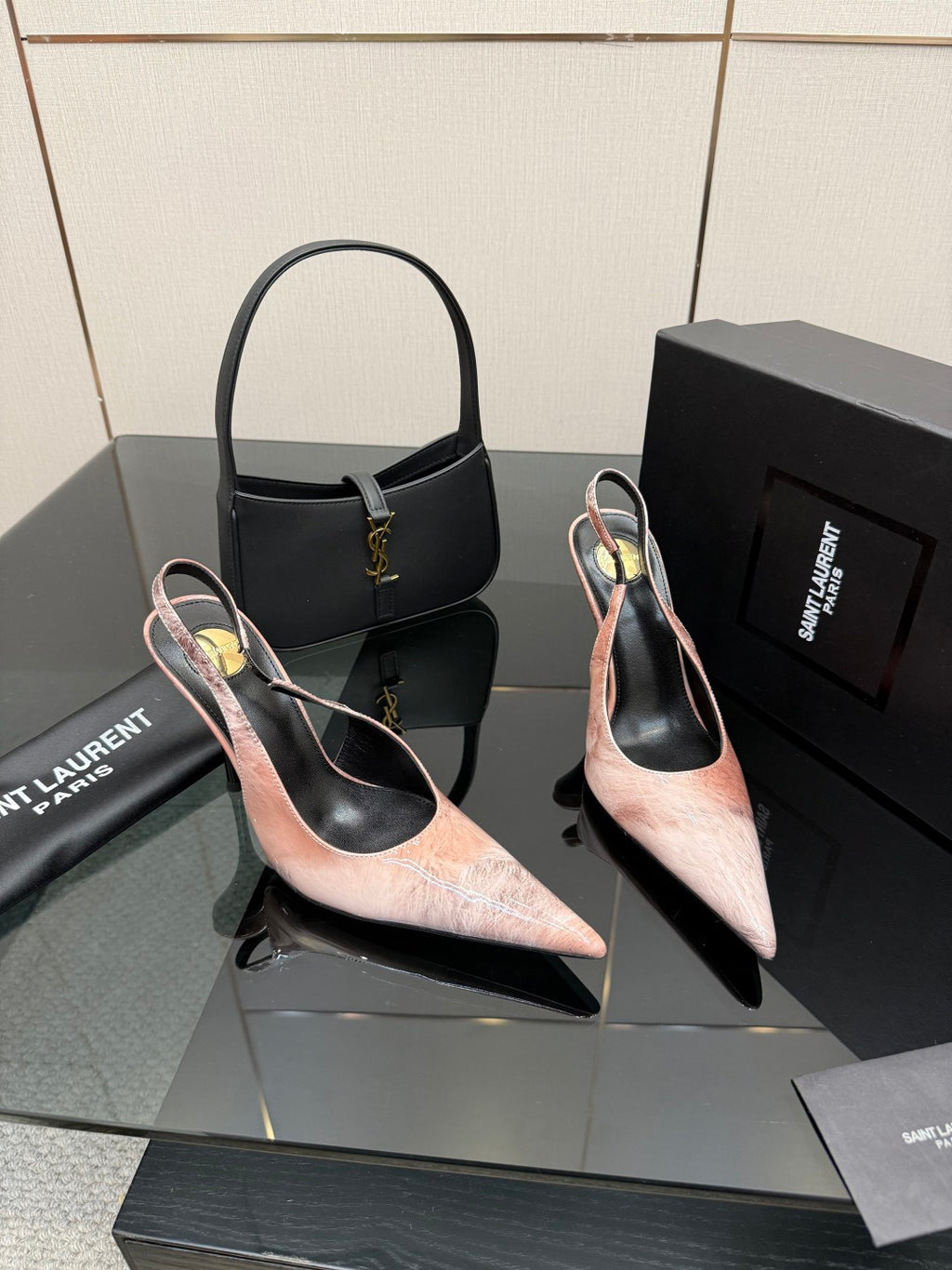 YSL women's pointed-toe stiletto heels, light pink speckled leather, black sling