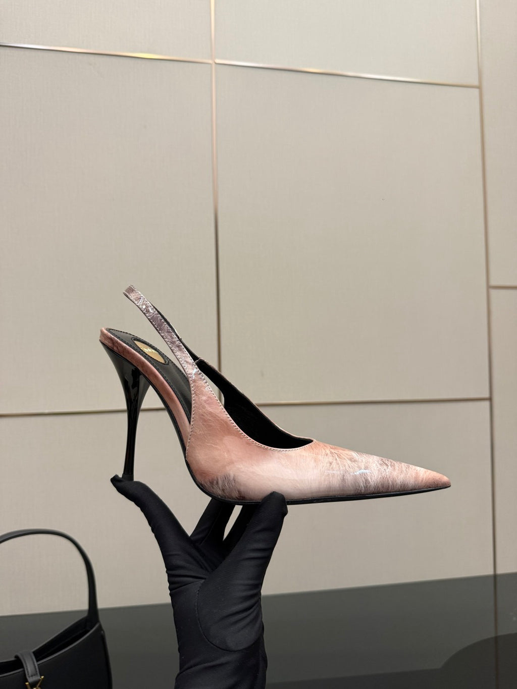 YSL women's pointed-toe stiletto heel, light pink speckled leather, slim black heel