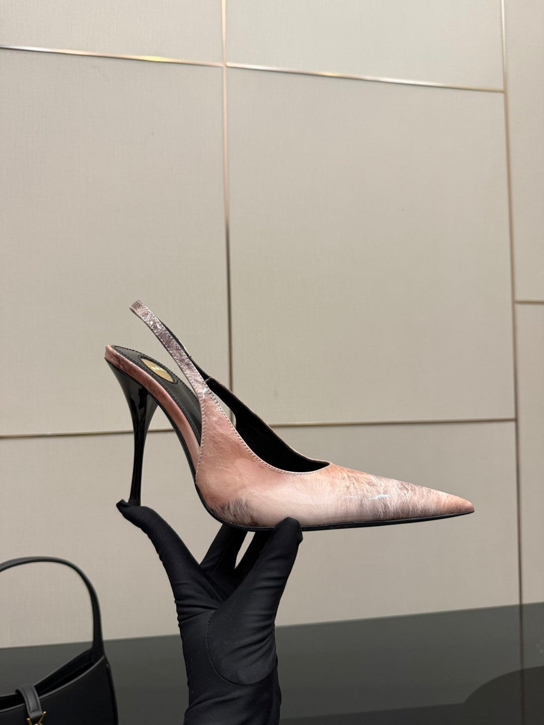 YSL women's pointed-toe stiletto heel, light pink speckled leather, slim black heel