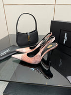 YSL women's pointed-toe stiletto heels, light pink speckled uppers, black heel