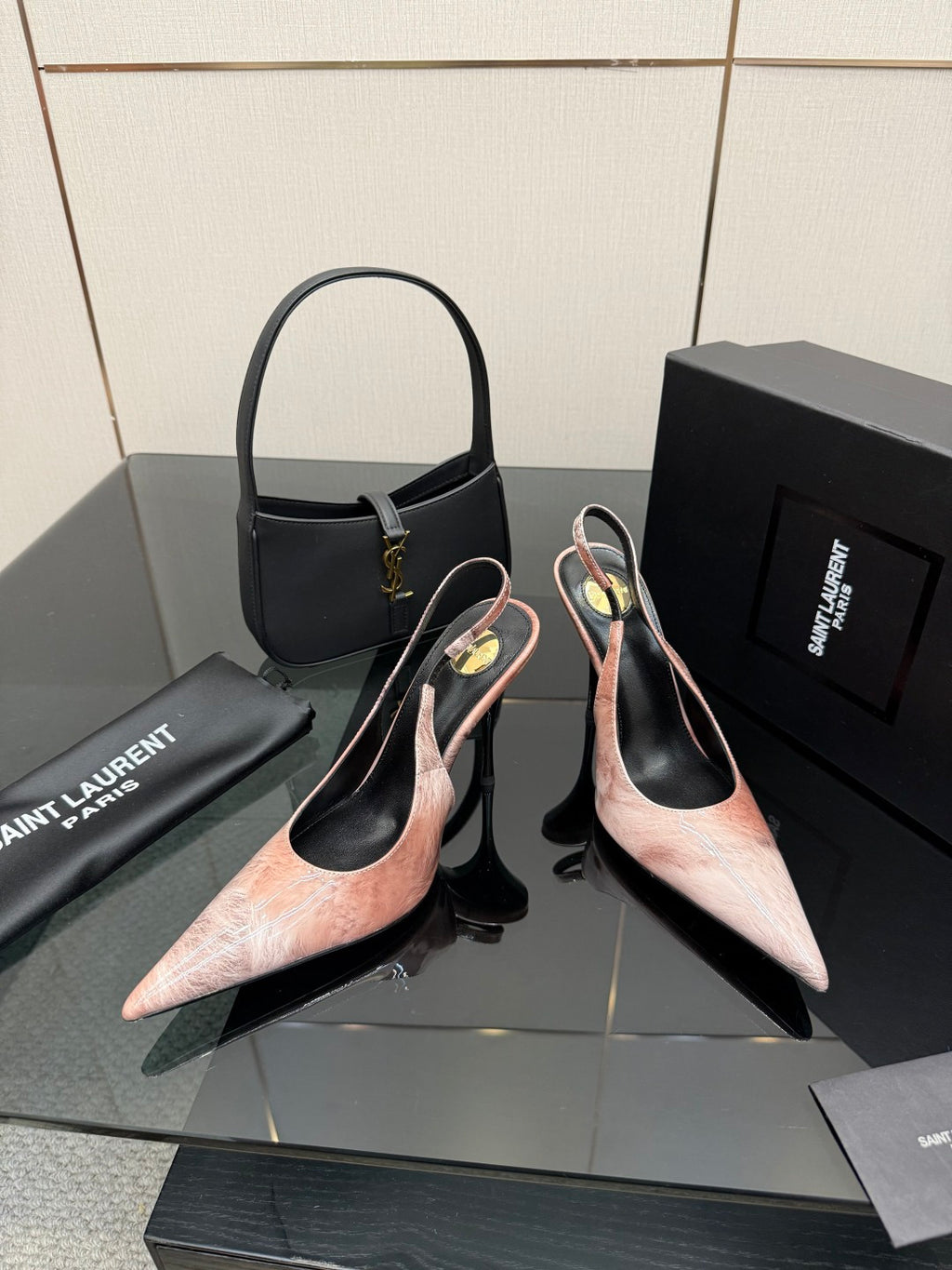 YSL women's pointed-toe stiletto heels set, light pink speckled leather with black detail
