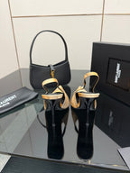 Women’s black slingback heels with tan speckled finish and stiletto heel