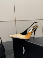 Women’s pointed-toe slingback pump heel, black and tan speckled upper