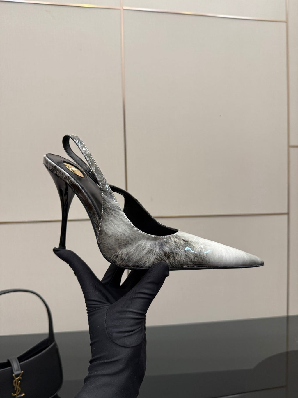 YSL ladies heeled pumps, pointed toes, black and silver metallic, side profile