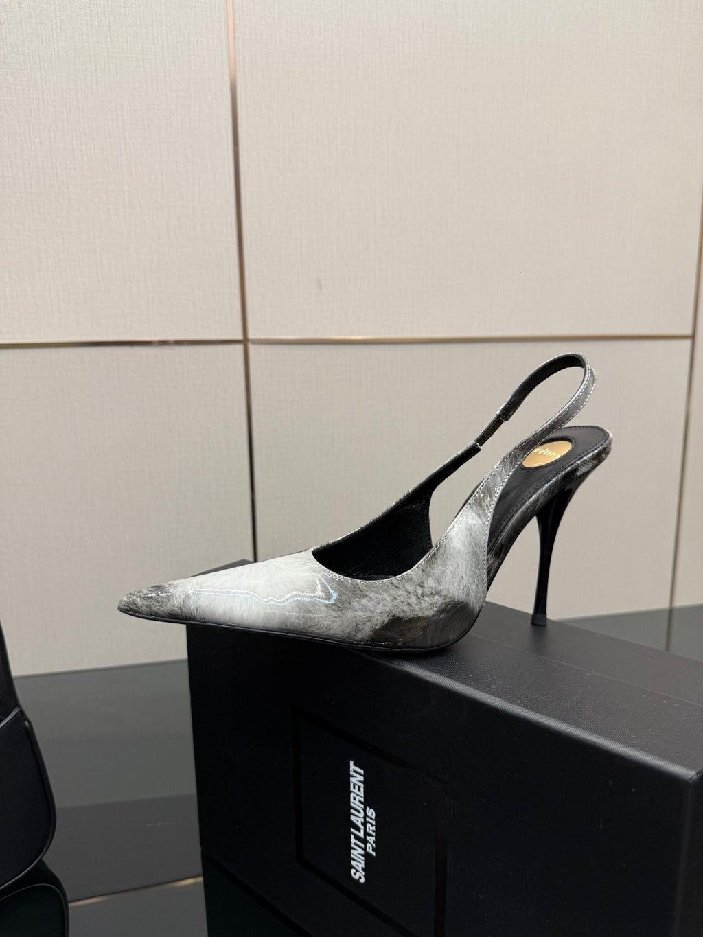 YSL ladies single stiletto pump, pointed toe, black and silver metallic upper
